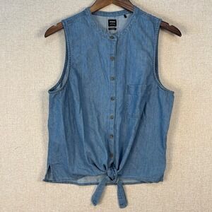 Prana Womens Organic Cotton Denim Tie Front Sleeveless Button Down Top Blue L